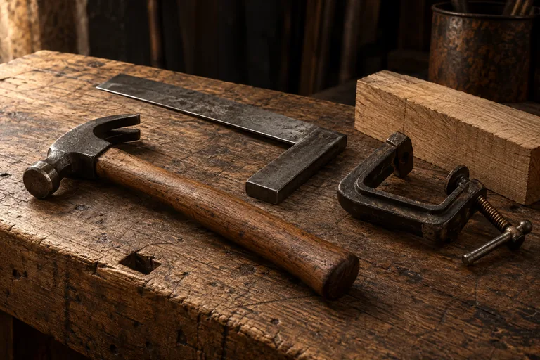 A wooden-handled hammer, carpenter’s square and cast-iron clamp resting on a worn workbench.