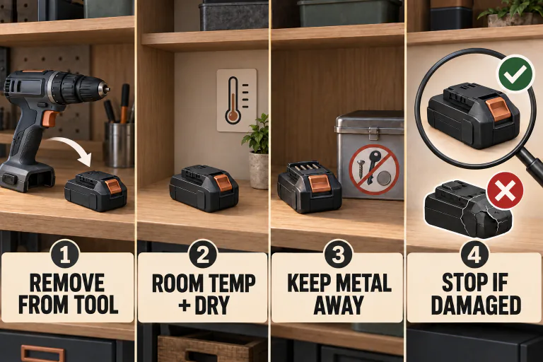 Four-panel battery storage guide showing removal from the tool, dry room-temperature storage, metal kept away from terminals, and a damaged-pack stop check.