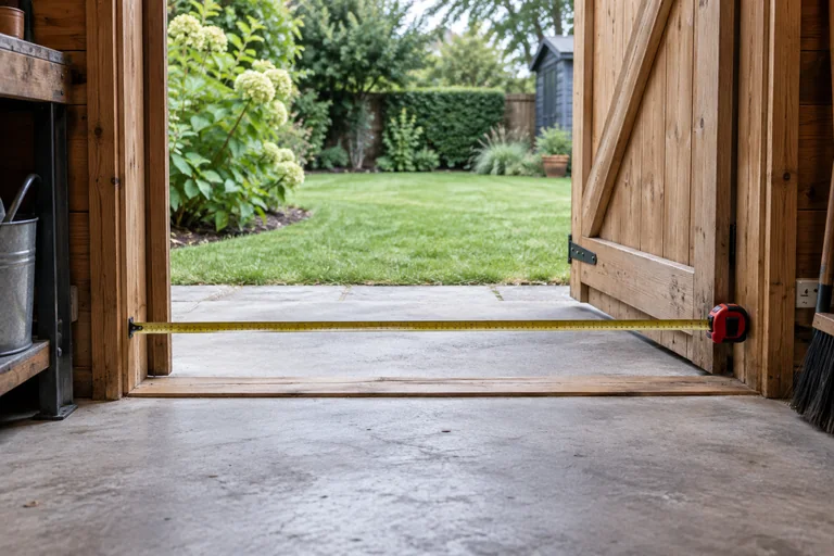 A tape measure stretched across the open doorway of a wooden garden shed.